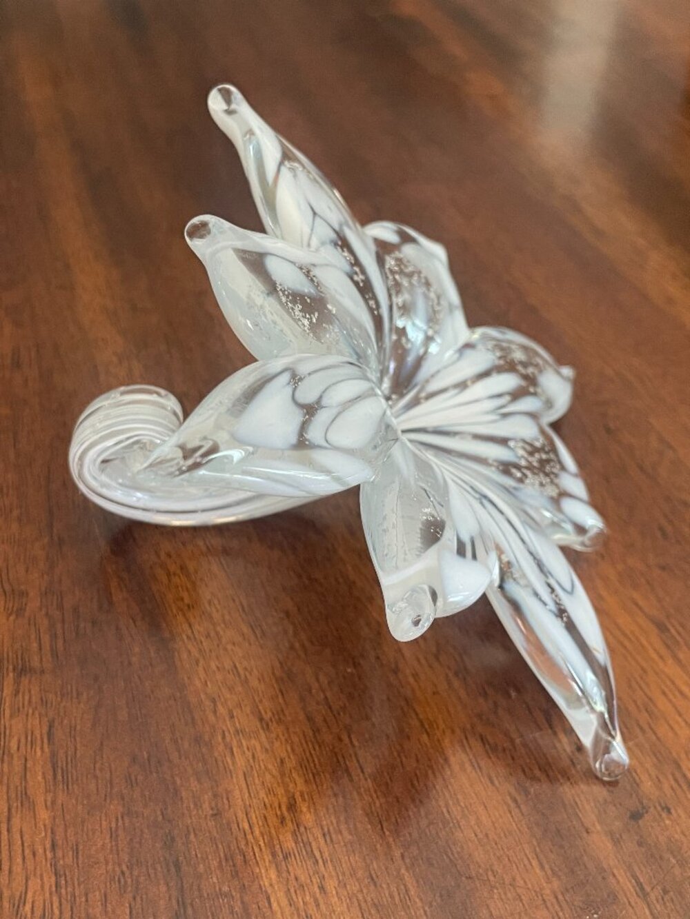 Art Glass Crystal Flower White Clear Silver Glitter 4" LONG Shelf Decor!